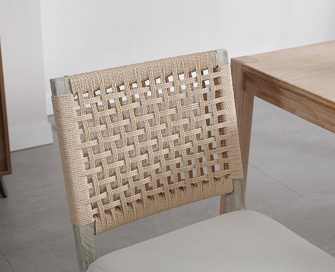 Kmax Farmhouse Dining Chairs Set of 2, Rustic Kitchen Chairs with Linen Fabric Seat and Woven Back, Vintage Accent Chairs for Dining Room, Living Room, Ivory-Ruum Studio Home