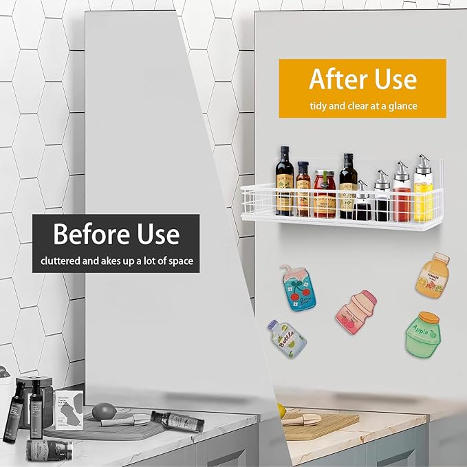 Magnetic Basket, Magnetic Shelf for Fridge, Magnetic Spice Rack for Refrigerator Wire Mesh Magnetic Organizer Holder Accessories for Office Kitchen Classroom Storage,White, 9.44" x 4" x 1.77"-Ruum Studio Home