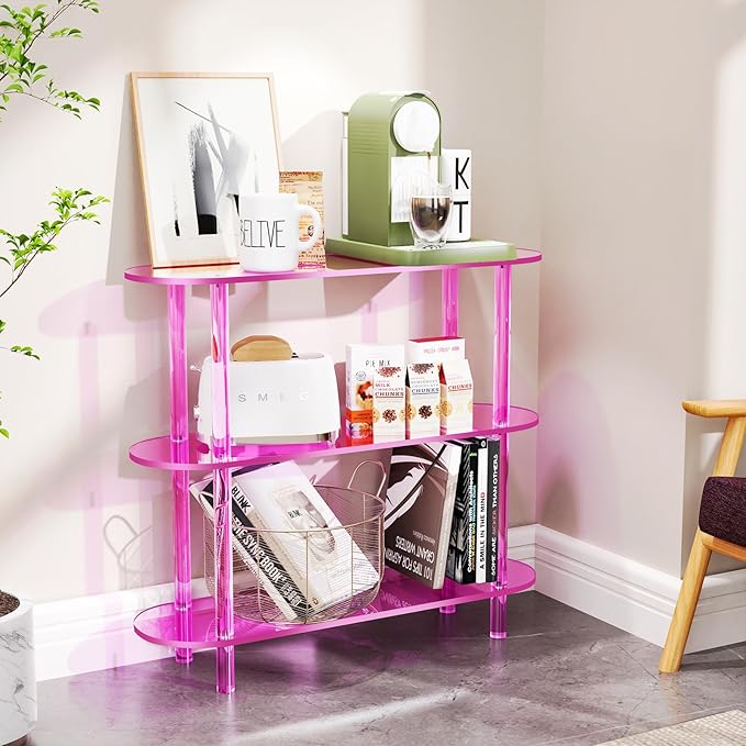 Clear Bookshelf, Acrylic Bookcase with Open Book Shelf Console Table for Entryway Office (3 Tier Pink)-Ruum Studio Home