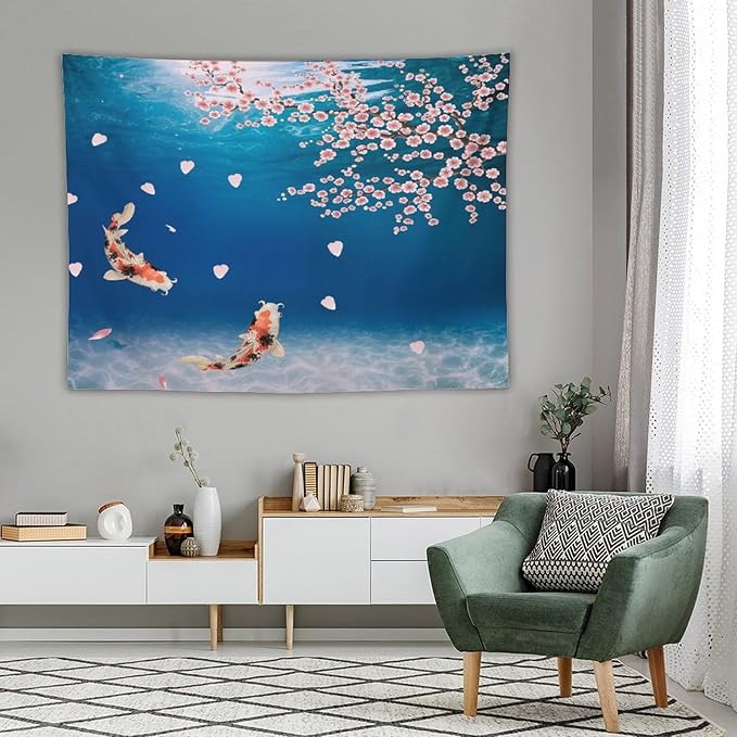 Japanese Koi Fish Tapestry, Cherry Blossoms Asian Oriental Blue Floral Branch Koi Fish Carp Tapestries Wall Hanging for Bedroom Living Room Office Decor 80"x60"-Ruum Studio Home