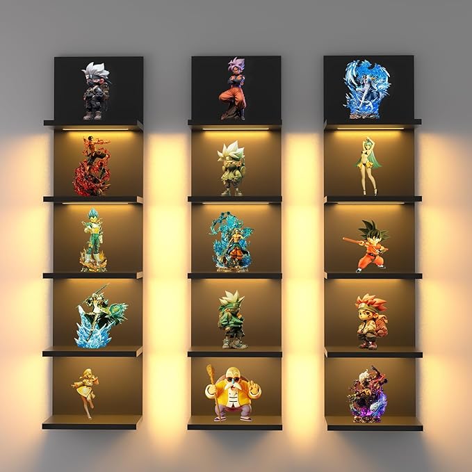 5 Tier Wall Shelf Unit, Black Modern Vertical Lack Wall Shelves with Light, Wall Mount, Floating Column Home Decor Shelves for Bedroom, Living Room, Vanity Storage Display-Ruum Studio Home