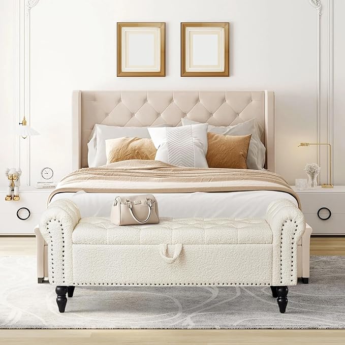 Furniliving Modern Storage Ottoman Bench, Sherpa Ottoman End of Bed Bench with Solid Wood Legs Upholstered Ottoman Benches with Storage Indoor Bench for Living Room with Rolled Arm, Entryway, White-Ruum Studio Home