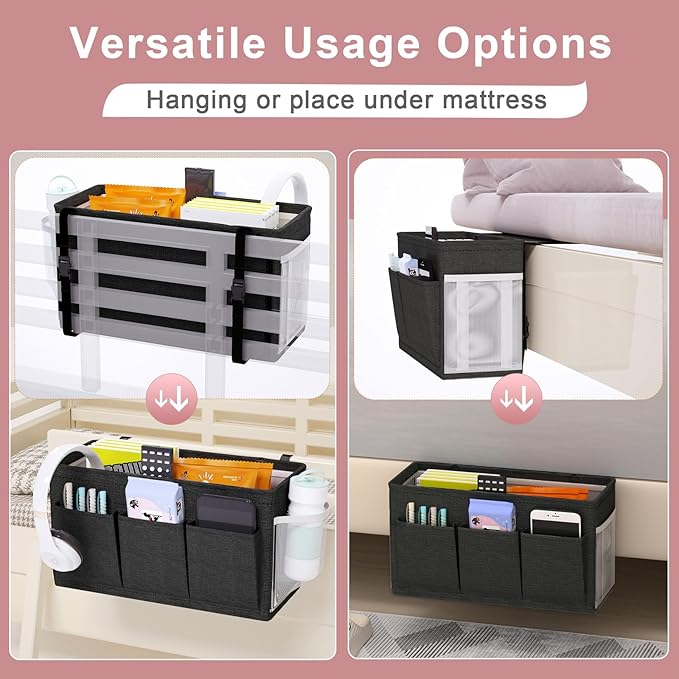 Dual-purpose Bedside Caddy Bedside Organizer, Bed Caddy with 6 Pockets, Versatile Bedside Storage Solution Magazine Remotes holder, ideal for Home, Dorm, Hospital, Crib Bed (Black 2 pcs)-Ruum Studio Home