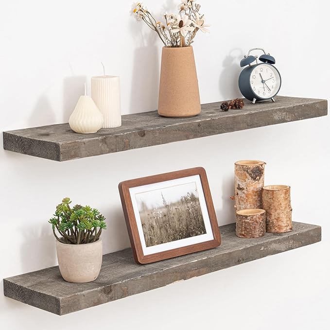 Floating Shelves, 8 Inch Deep Rustic Solid Reclaimed Wood Wall Shelves for Storage, Wall Mounted Display Shelving with Invisible Heavy-Duty Metal Bracket, 30 Inch Width Set of 2, Grey-Ruum Studio Home