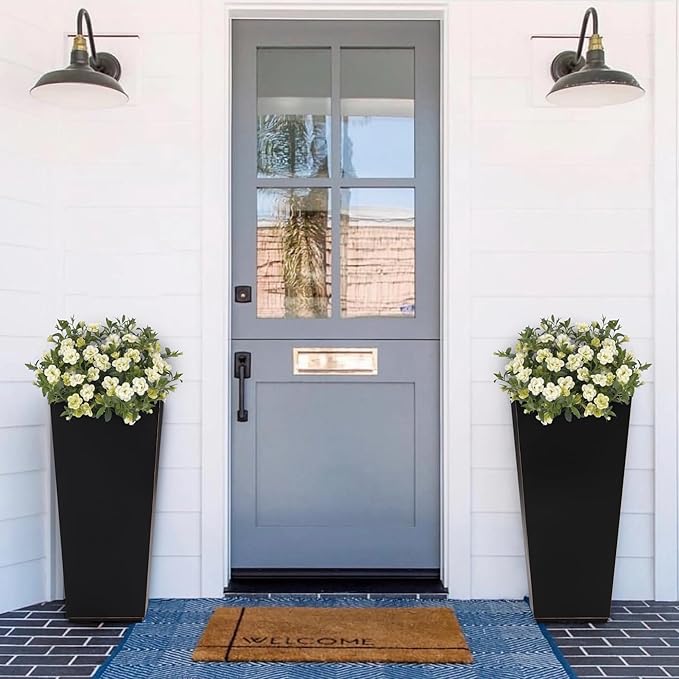 Metallic Taper Planter, 26 Inch Tall Tapered Planter for Front Porch, Patio, Deck, Garden Indoor/Outdoor Tree Planters, Set of 2 Black with Copper Hand Brushed Rim-Ruum Studio Home