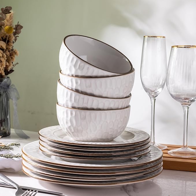 GBHOME Ceramic Dinnerware Sets,12 pcs Embossed Elegant Stoneware Plates and Bowls Sets, Housewarming Wedding Gift | Dishwasher & Microwave Safe | Dishes Set Service for 4-Ruum Studio Home