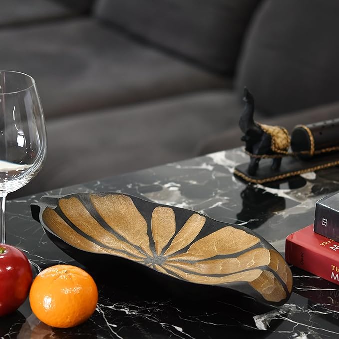 AeraVida Nature Inspired Handcarved Curvy Leaf Shaped 2-Tone Stained Wooden Serving Bowl or Dish for Tropical Chic Home Décor & Kitchen Accessories-Ruum Studio Home