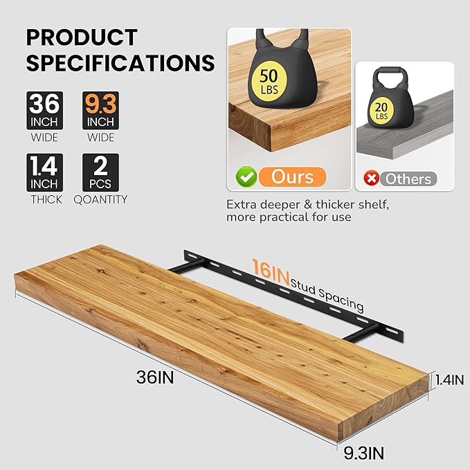 Fun Memories Floating Shelves for Wall, 36"x9.3" Rustic Solid Elm Wood Shelves, Heavy-Duty Wall Mounted Shelf with Invisible Brackets, Set of 2 for Living Room, Bedroom, Kitchen, Natural Finish-Ruum Studio Home