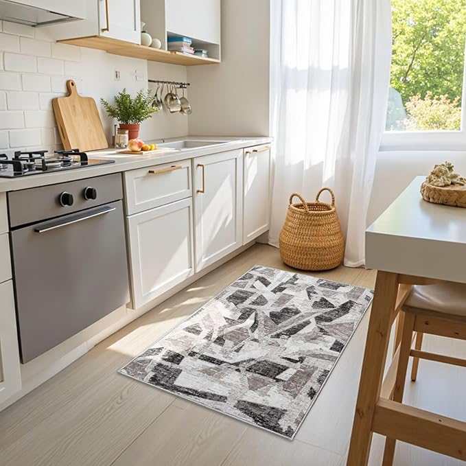 Modern Abstract Door Mat Indoor Entrance 2X3 Front Porch Area Rug Washable, Non-Slip Small Grey Rugs for Entryway Bathroom Ultra-Thin, Throw Carpet for Kitchen Bedroom Nursery Kids Print Faux Wool-Ruum Studio Home