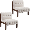 Modern Armless Accent Chair Set of 2 for Living Room, Beige Linen Button Tufted Upholstered Lounge Reading Chair with Walnut Wood Frame-Ruum Studio Home