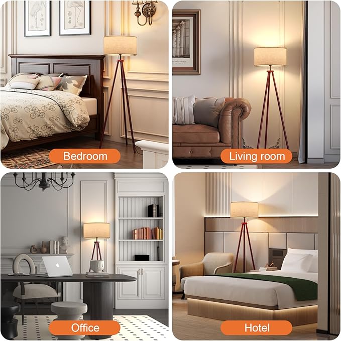 LiteHistory Wood Tripod Floor Lamps for Bedroom, Living Room, and Office, Corner lamp with Beige Linen Shade, 12W Three-Color Bulb Included, Pull Chain Switch, Gifts for mom for Home Decor, Walnut-Ruum Studio Home