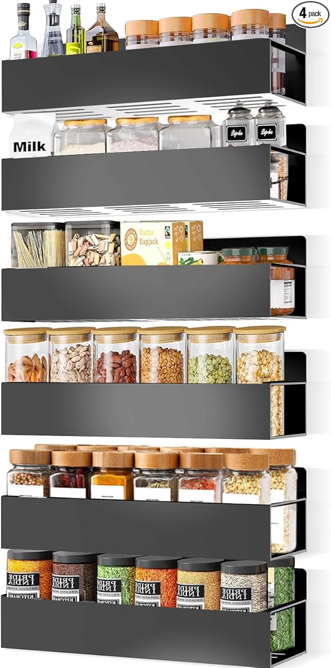 Magnetic Spice Rack Organizer for Fridge Seasoning Organizer for Kitchen storage with Screw or Adhesive Hanging,Magnetic Shelf with Hook for Refrigerator and Oven (6pack)-Ruum Studio Home