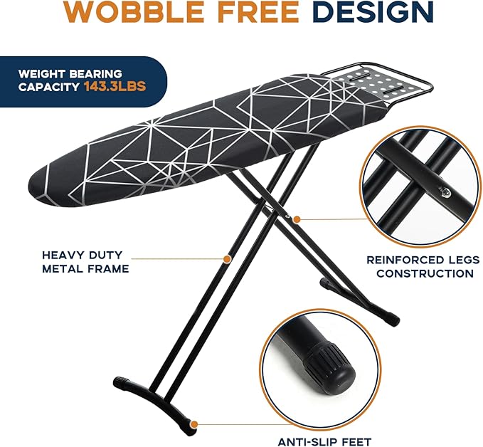 Ironing Board 43x13, Compact Iron Board Full Size with Heavy Duty Iron Rest, Thick Padded Cover, Adjustable Height, Sturdy Lightweight Steel Legs, Black-Ruum Studio Home
