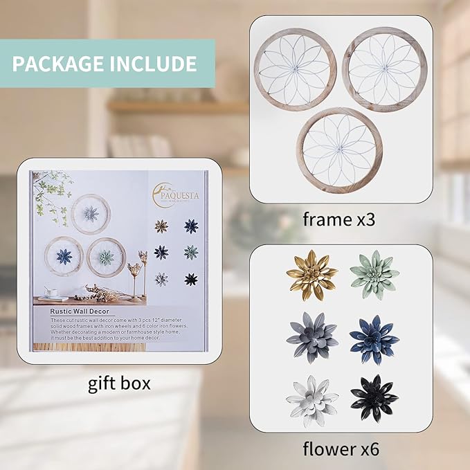 Paquesta 3 Piece Round Farmhouse Wall Decor with 6 Piece Interchangeable Flowers 12'' Medallion Wood & Metal Rustic Wall Art for Living Room Bedroom Kitchen Bathroom Dining Room Home Decorations-Ruum Studio Home