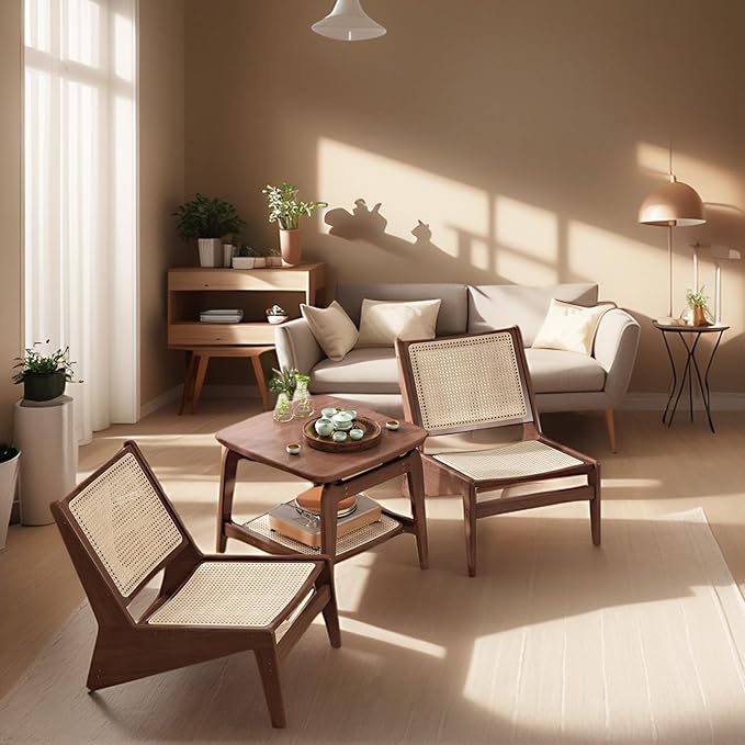 Rattan Chair 2Pcs, Mid-Century Accent Chair, Rattan Lounge Chair for Living Room, Boho Side Corner Comfy Chair for Bedroom and Balcony, Walnut-Ruum Studio Home