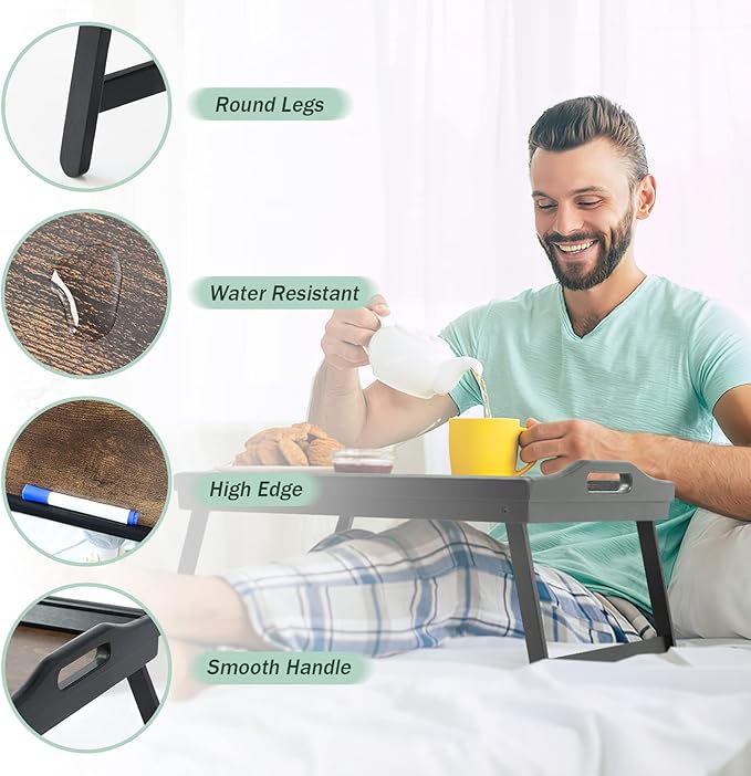 2 Pack Bed Tray Table Breakfast Trays Serving Tray Bamboo Bed Laptap Floding Legs with Handles and Phone Holders-Ruum Studio Home