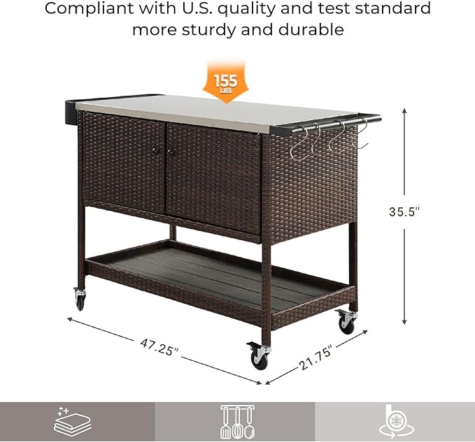 Grand patio Outdoor Wicker Bar Cart, Outdoor Bar Table with Stainless Steel Tabletop, Patio Kitchen Island Grill Cart with Storage Cabinet and 4 Hooks-Ruum Studio Home