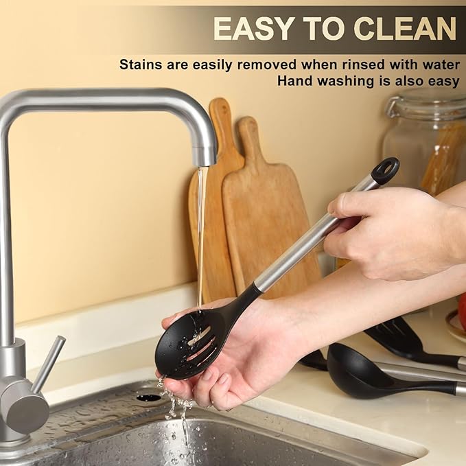 Pleafind 4-Pcs Silicone Cooking Utensils Set, Wok Utensils Set Include Wok Ladle, Slotted Spoon, Solid Spatula and Slotted Spatula, Silicone and Stainless Steel Kitchen Utensils, Dishwasher Safe-Ruum Studio Home