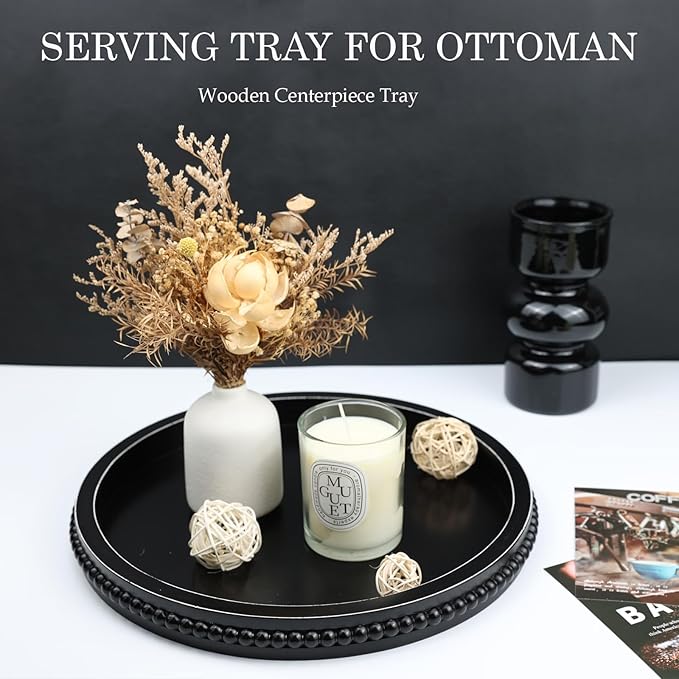 Round Black Wood Serving Tray with Beads, Wooden Decorative Tray for Entertaining, Decoration, and Gifting,-Ruum Studio Home