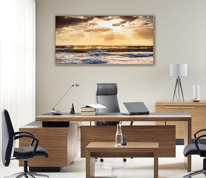 Framed Sunset Ocean Wall Art - Canvas Wall Decor Glow Sea Scene Nature Landscape Prints Sunset Over the Ocean Painting Artwork Living Room Bedroom Office Home 24" x 48"-Ruum Studio Home