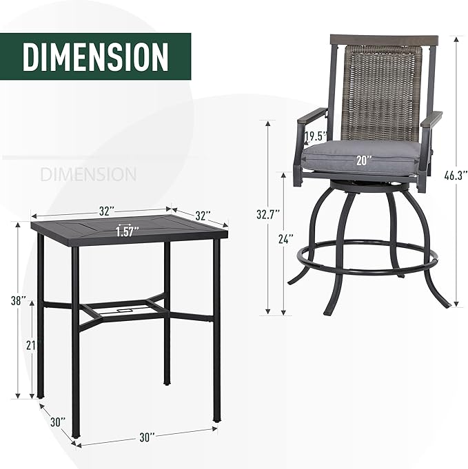 PHI VILLA 3 PCS Patio Bar Set, Bar Height Chair with 3.5" Thicker Cushion & Retro-Metal Square Table,Sturdy and Durable,Outdoor Height Bar Dining Set for Poolside,Yard-Ruum Studio Home