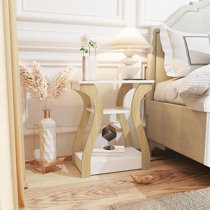 End Table with Charging Station, Side Table with USB Ports and Outlets, Nightstand, 3 Tier End Table with Storage Shelf for Living Room, Bedroom (White)-Ruum Studio Home