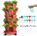 Vertical Planter, 5 Tier Stackable Strawberry Planter with Garden Tool Set, Movable Indoor/Outdoor Garden Herb Pot for Growing Vegetables and Succulents, Red-Ruum Studio Home