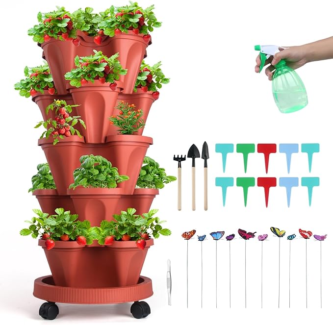 Vertical Planter, 5 Tier Stackable Strawberry Planter with Garden Tool Set, Movable Indoor/Outdoor Garden Herb Pot for Growing Vegetables and Succulents, Red-Ruum Studio Home
