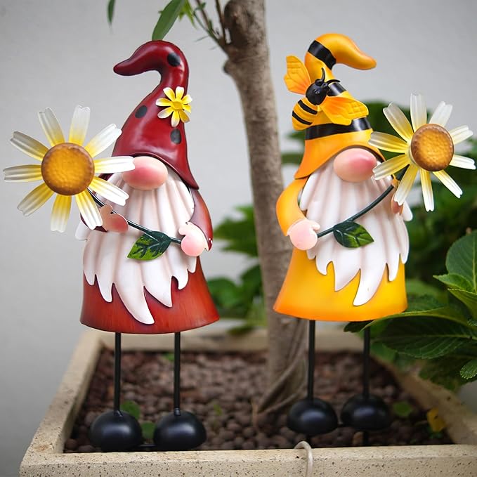 HONGLAND Gnome Metal Yard Art - Metal Gnome Statue -Gnome Outdoor Decorations - Bee and Ladybug Garden Statue- Christmas Holiday Lawn Patio Yard Garden Decor (Set of 2)-Ruum Studio Home