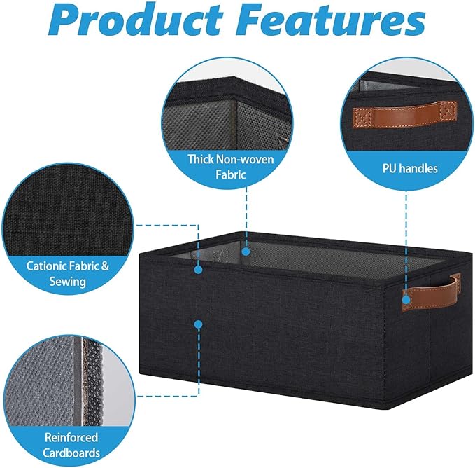GhvyenntteS Small Fabric Storage Bins 6 Pack, 11.8" x 7.87" x 5.11" Storage Basket with Leather Handles, Closet Storage Bins for Shelves, Storage Baskets for Shelves, DVD Storage (Black)-Ruum Studio Home
