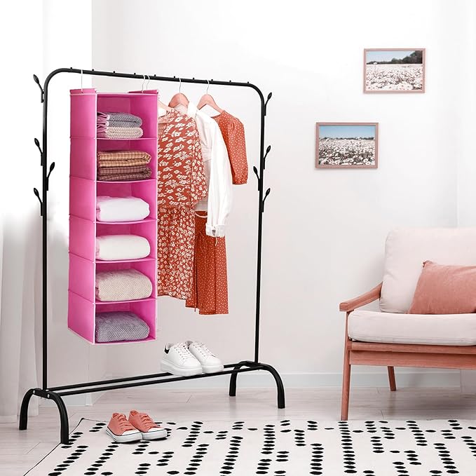 MAX Houser 6-Shelf Hanging Closet Organizer, Hanging Storage Shelves with 2 Sturdy Hooks Space-Saving for Bedroom, Foldable (Pink)-Ruum Studio Home