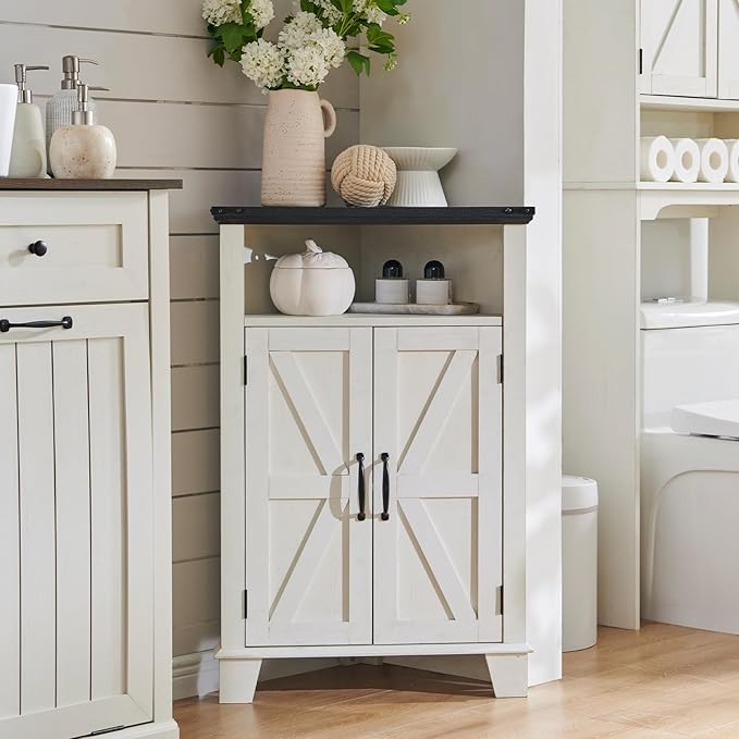 Corner Bathroom Cabinet, Farmhouse Small Corner Cabinet with Barn Door & Adjustable Shelf, Storage Cabinets for Bathroom, Kitchen, Living Room, Off White-Ruum Studio Home