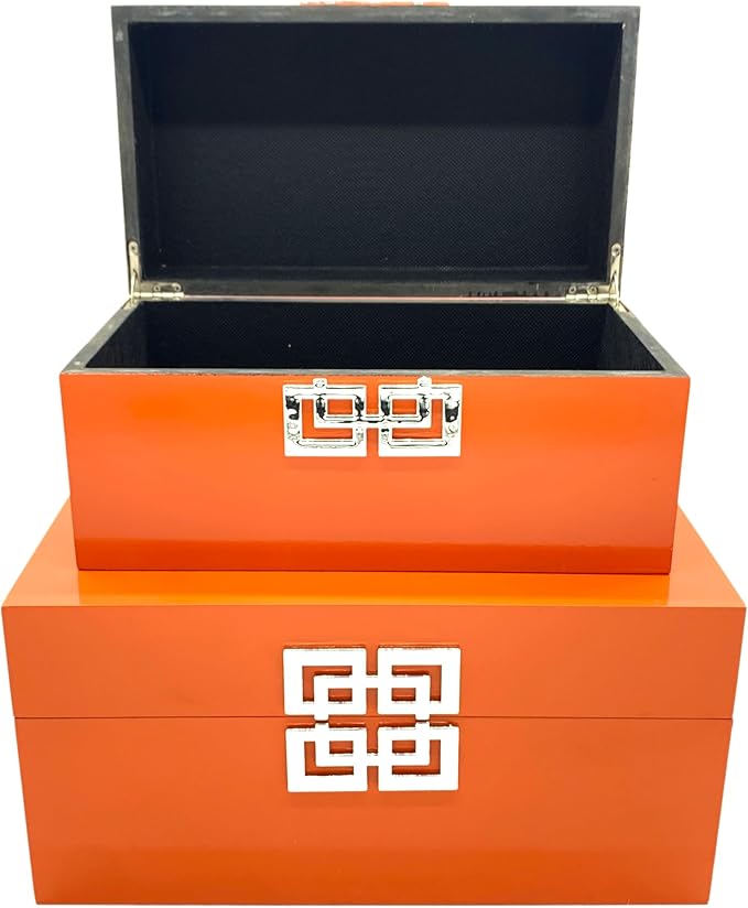 Galt International Storage Boxes - Large & Small Decorative Storage Box w/Hinged Lid - Classic Design Wood Decor Boxes with Geometric Opening Clasp - Home & Office Storage - Set of 2 (Orange)-Ruum Studio Home