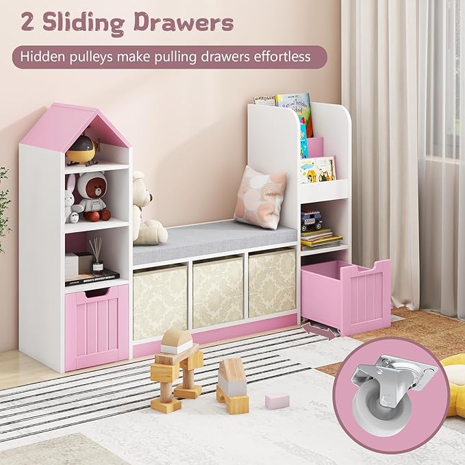 Toy Storage Organizer for Kids Bookshelf with Reading Nook, Multifunctional Kids Bookcase with 7 Storage Cubbies, 2 Movable Drawers and Seat Cushion for Keeping Kids' Toys Books Organized, Pink-Ruum Studio Home