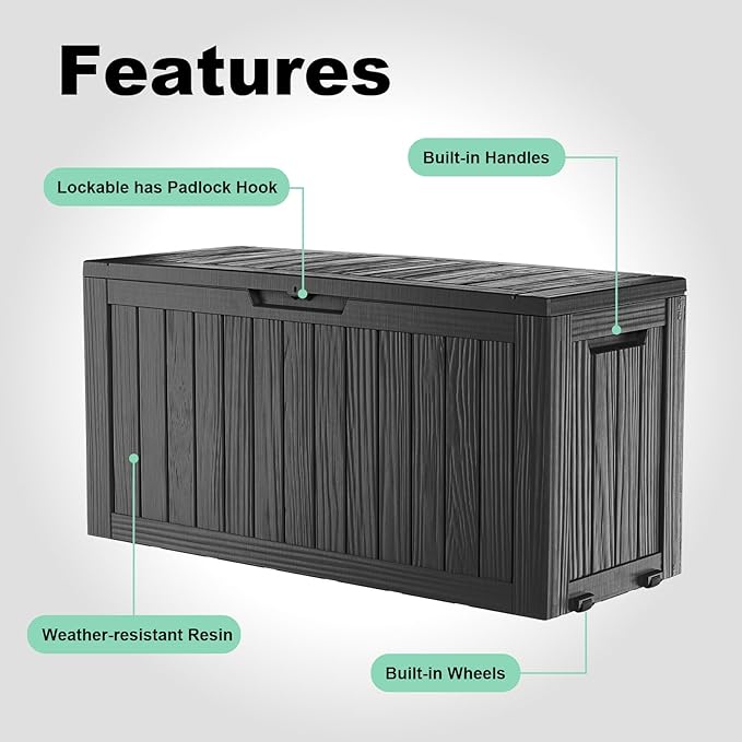 Vixzen 75 Gallon Resin Deck Box, Lockable Outdoor Storage Box for Patio Cushions Storage Furniture,Garden Tools, Pool Supplies, Weatherproof and UV Resistant- Black-Ruum Studio Home