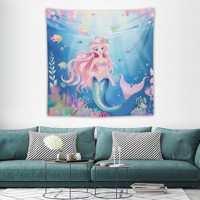 HZOHNAGO Mermaid Girls Tapestry Watercolor Mermaid Princess Pattern Printed Wall Tapestry Wall Hanging for Bedroom Living Room Dorm 60" W x 60" H-Ruum Studio Home