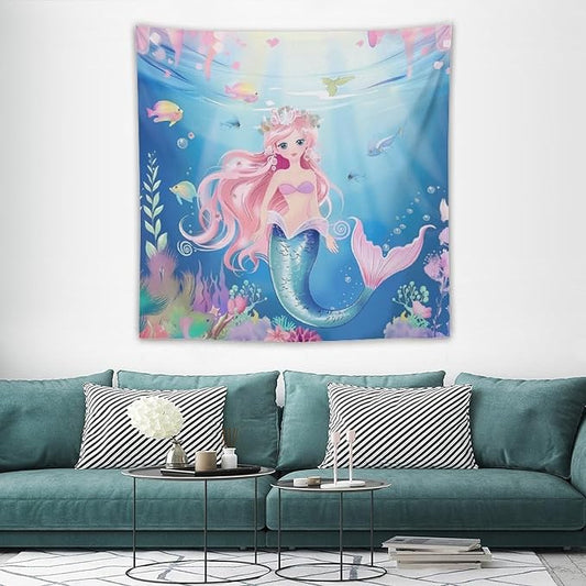HZOHNAGO Mermaid Girls Tapestry Watercolor Mermaid Princess Pattern Printed Wall Tapestry Wall Hanging for Bedroom Living Room Dorm 60" W x 60" H-Ruum Studio Home