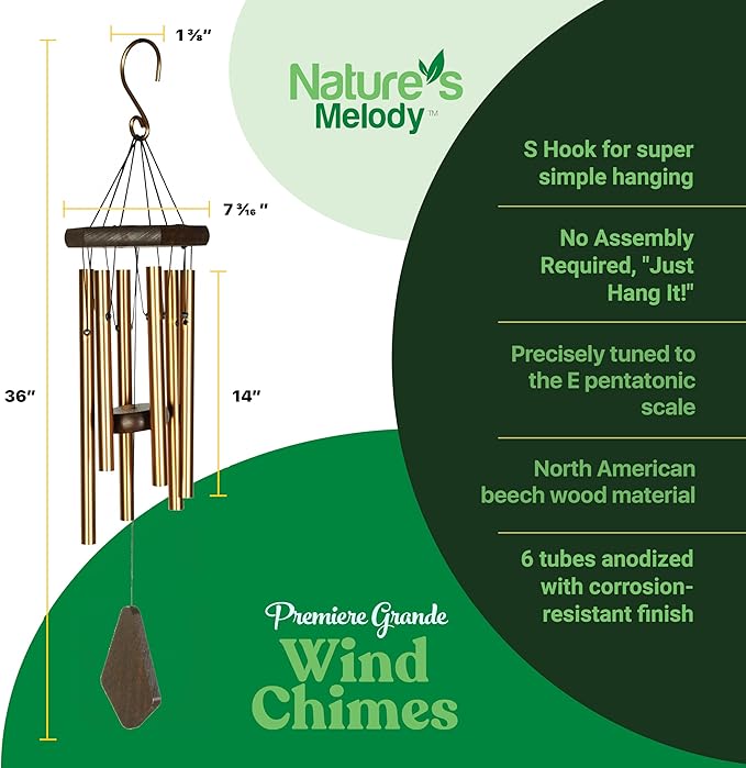 Nature’s Melody Premiere Grande Tunes Wind Chimes – Outdoor Windchime with 6 Tubes Tuned to E Pentatonic Scale, Rustproof Aluminum, Beech Wood & S Hook Hanger for Sympathy, Memorial Gift or Zen Garden-Ruum Studio Home
