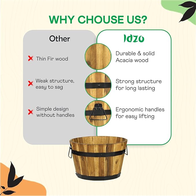 IDZO Set of 3 Wooden Flower Planters for Outdoor Plants, Acacia Wood Barrel Planters, Ergonomic Handles, Drainage Holes, Various Sizes, Golden Teak-Ruum Studio Home