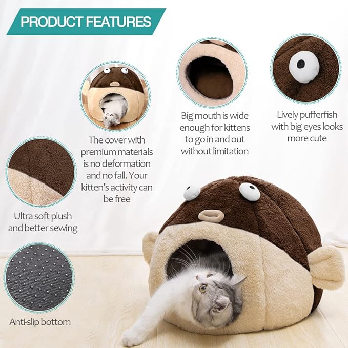 Cat Beds for Indoor Cats - Cat Bed Cave with Removable Washable Cushioned Pillow, Soft Plush Premium Cotton No Deformation Pet Bed, Lively Pufferfish Cat House Design, Brown, Multiple Sizes(L)-Ruum Studio Home