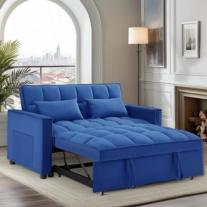 3 in 1 Sleeper Sofa Beds, Futon Sofa Bed for Living Room with Side Pocket, Sleepers Couch with Pullout Bed, Convertible Love Seat Sleepers Couch for Living Room, Bedroom, Small Space, Blue-Ruum Studio Home