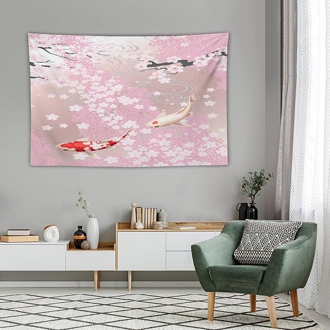 Houselerax Japanese Koi Fish Tapestry, Cherry Blossoms Asian Oriental Pink Flower Branch Koi Fish Carp Tapestries Wall Hanging for Bedroom Living Room Office Decor 60"x40"-Ruum Studio Home