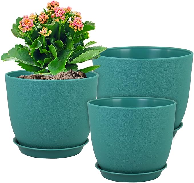 Flower Pots 10/9/8 inch, Set of 3 Modern Decorative Plastic Planters with Drainage Holes and Tray for House Plants Indoor Flowers Plants, Plant Pots for Indoor Outdoor Plants, Blue Green-Ruum Studio Home
