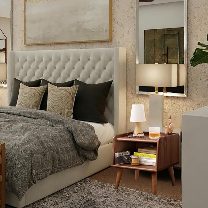 Small Bedside Table - 100% Solid Oak Wood Nightstand with Open Design - Small Side End Table for Bedroom Living Room, Easy Assembly (Walnut Color)-Ruum Studio Home