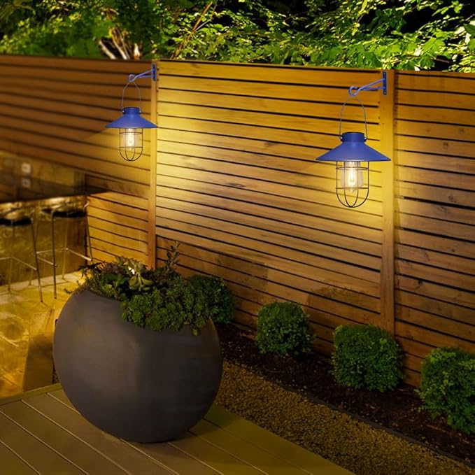 pearlstar Solar Lantern Outdoor Hanging Light Metal Farmhouse Solar Lamp with Warm White Edison Bulb Design for Garden Yard Patio Proch Decor(Blue)-Ruum Studio Home