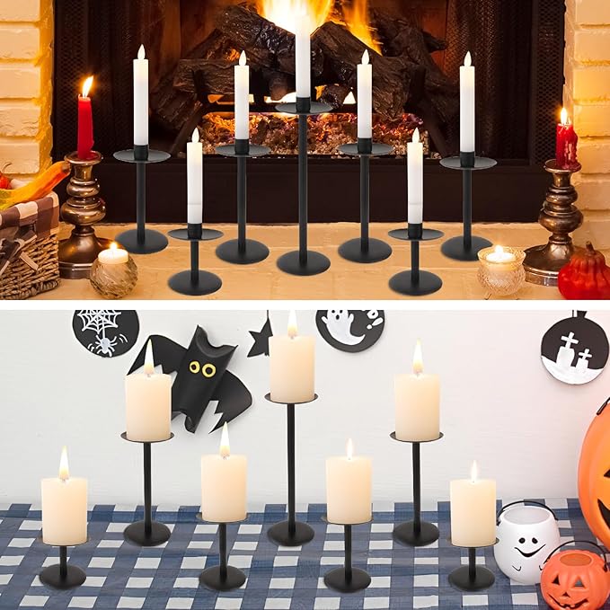 Set of 7 Metal Black Candle Holders, Assemblable Pillar and Taper Candlesticks, Halloween Fall Thanksgiving Day Dining Table Centerpieces Decor, Mantle Fireplace Candle Sticks Decorations-Ruum Studio Home