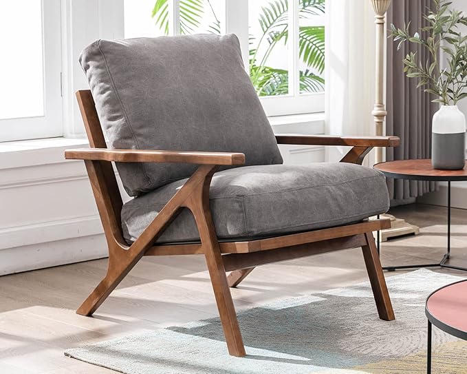 HNY Set of 2 Mid Century Accent Chair, Upholstered Armchair with Wood Frame and Canvas Cushions, Leisure Reading Chair Slipper Chair for Living Room, Bedroom, Gray-Ruum Studio Home
