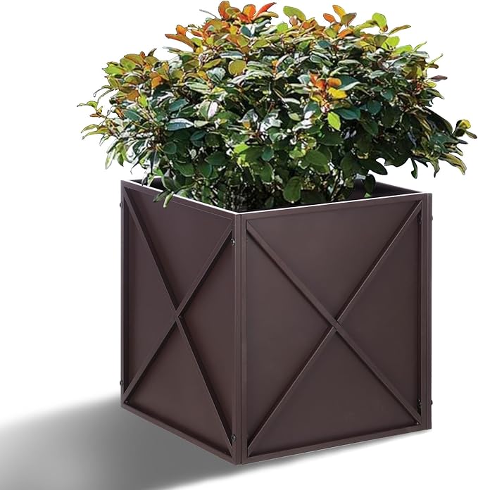 Metal Square Planter Box Tall Planters for Outdoor Plants Modern Heavy Duty with Drainage Holes for Outside Indoor Patio Deck - Brown, 17”x 17”x 18”-Ruum Studio Home