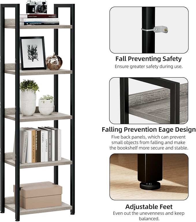 NUMENN Narrow Bookshelf, 5 Tier Bookshelves, Home Office Bookcase Shelf Storage Organizer, Free Standing Storage Shelving Unit for Bedroom, Living Room and Home Office, Grey-Ruum Studio Home