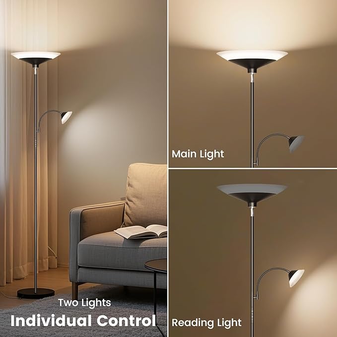 RGB Torchiere Floor Lamp - 2 Way Dimmable LED Standing Lamp with Remote&Button Control, 34W Rotatable Floor Reading Light, 72'' Tall Modern Corner Lamp for Living Room Bedroom Office, Black-Ruum Studio Home